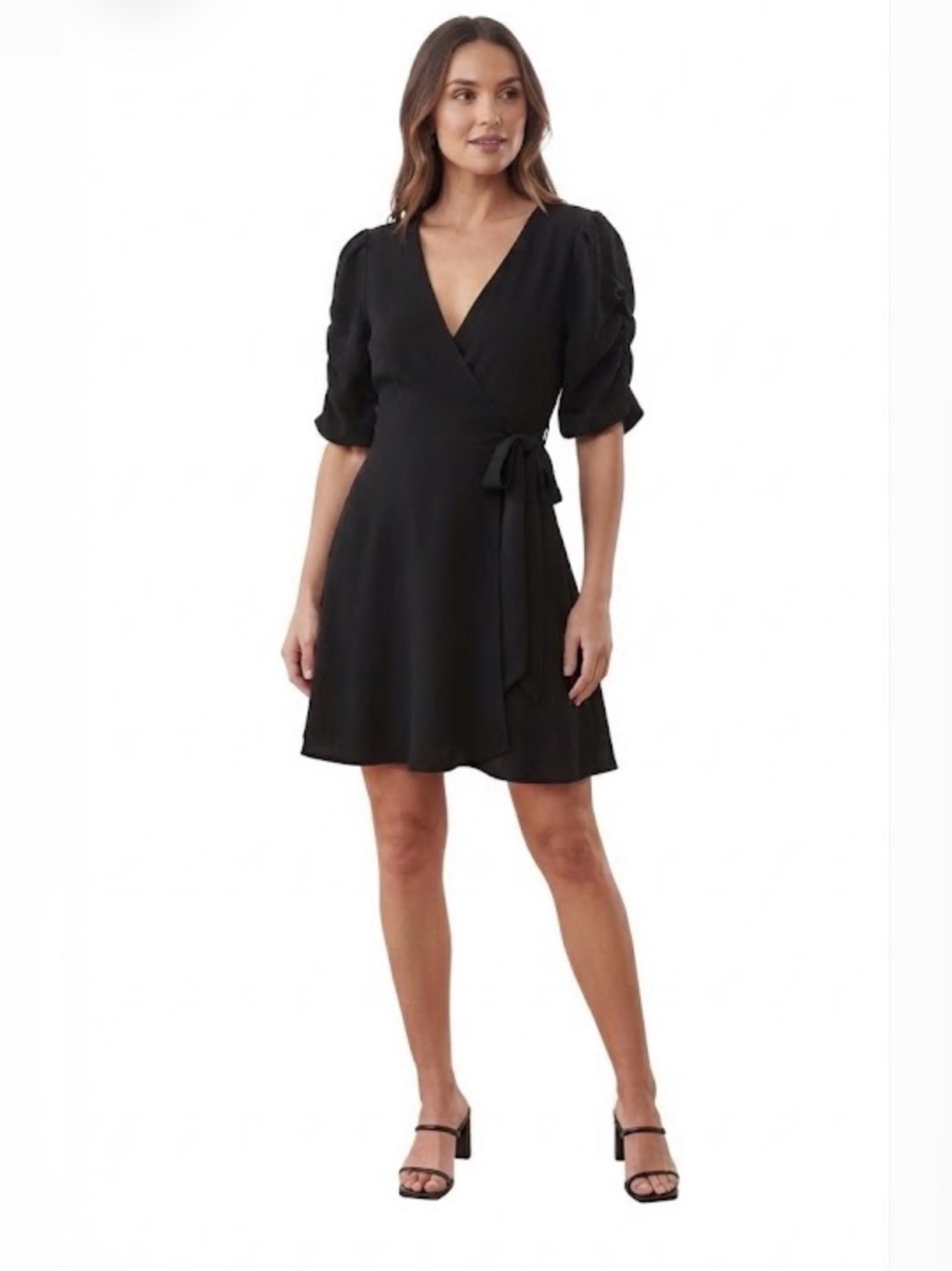 Wrap Ruched Shoulder Dress in Black